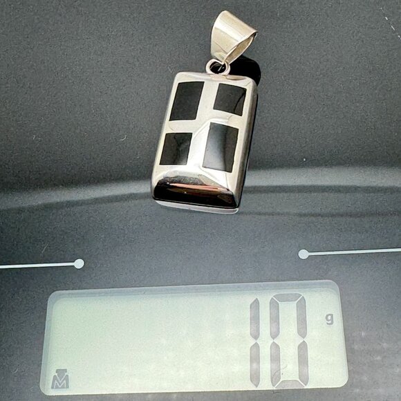 Vintage 925 Sterling Silver Black Onyx Modernist Mosaic Chunky Pendant - Picture 4 of 9